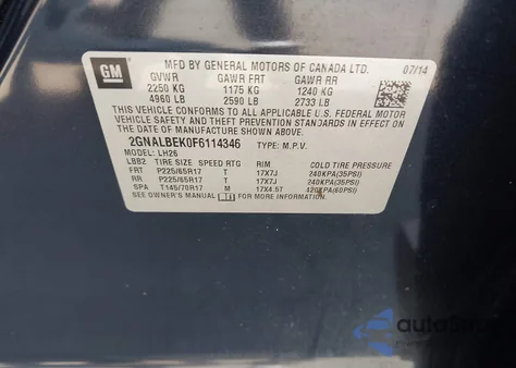 2015 Chevrolet Equinox 1Lt из США, поврежденный, VIN 2GNALBEK0F6114346